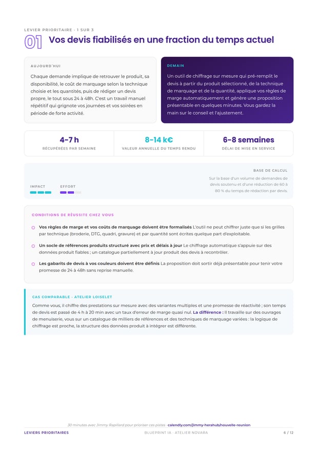 Levier prioritaire détaillé : situation actuelle, situation cible, gains chiffrés et conditions de réussite