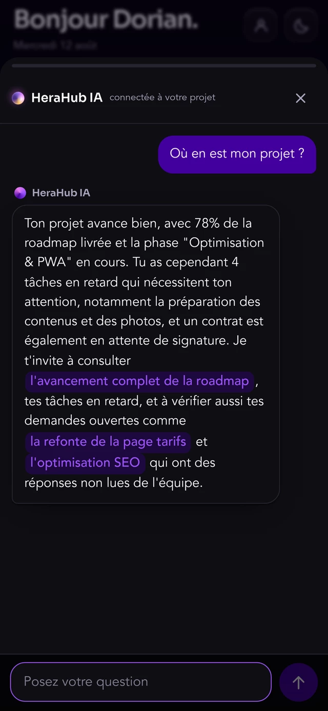 Assistant IA HeraHub connecté au projet, dans l'app mobile