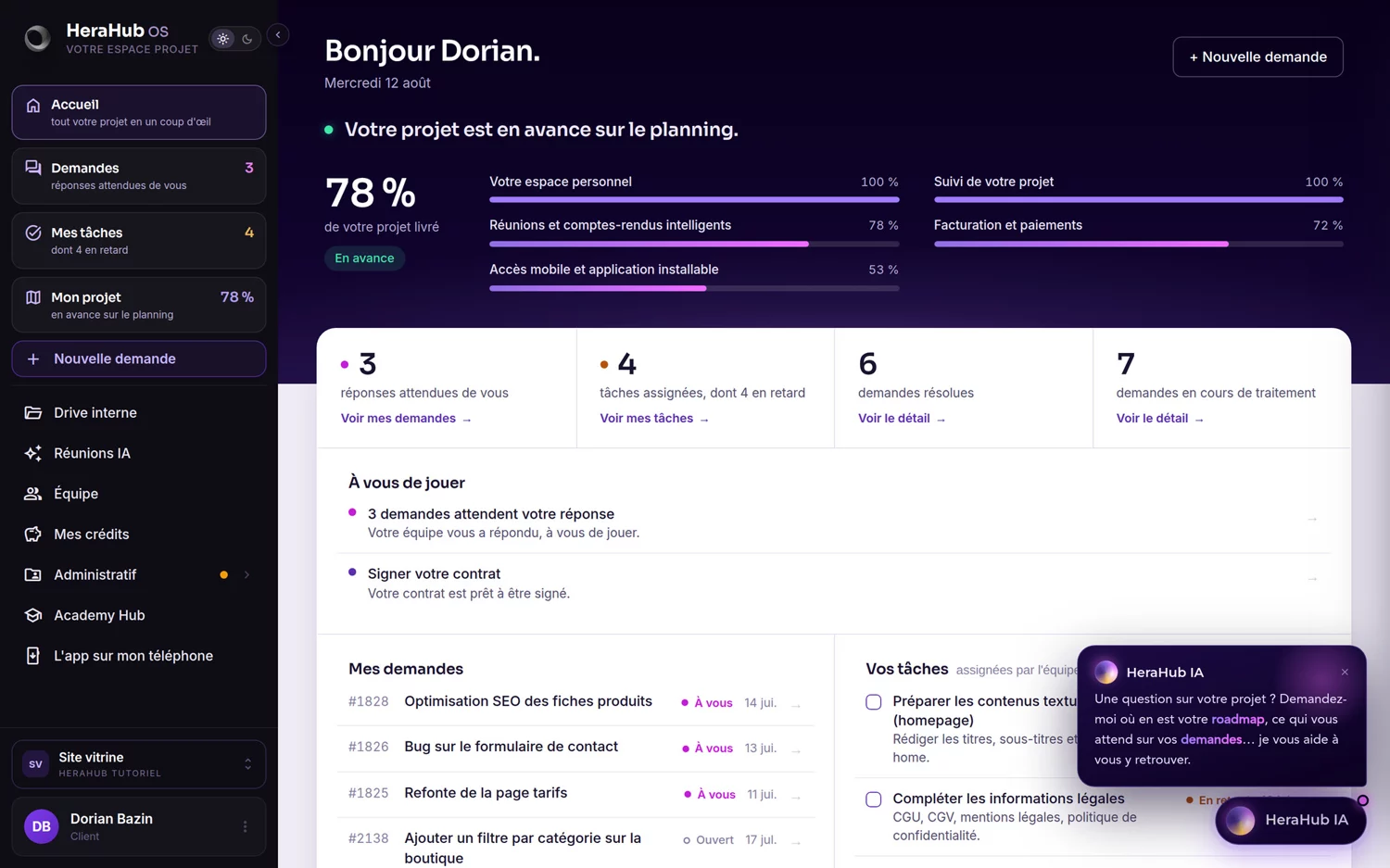 Tableau de bord HeraHub OS, avancement du projet, demandes et tâches